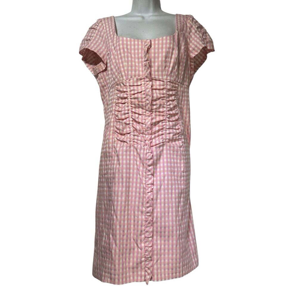 Nanette Lepore Dress Size 12 Pink White Gingham Check Ruched Zip Front